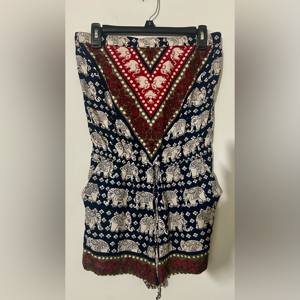 Angie Multicolor Elephant Print Strapless Bohemian Romper